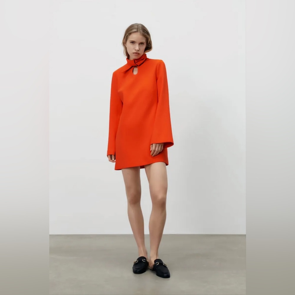 Zara Bright Orange Mini Dress with Tie Neck